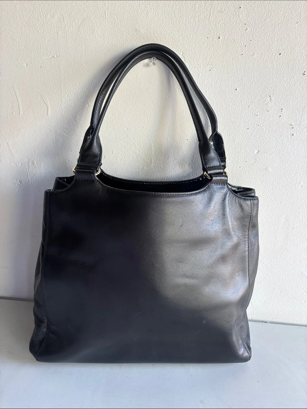 Classic Black Leather Tote with Turn-Lock Closure